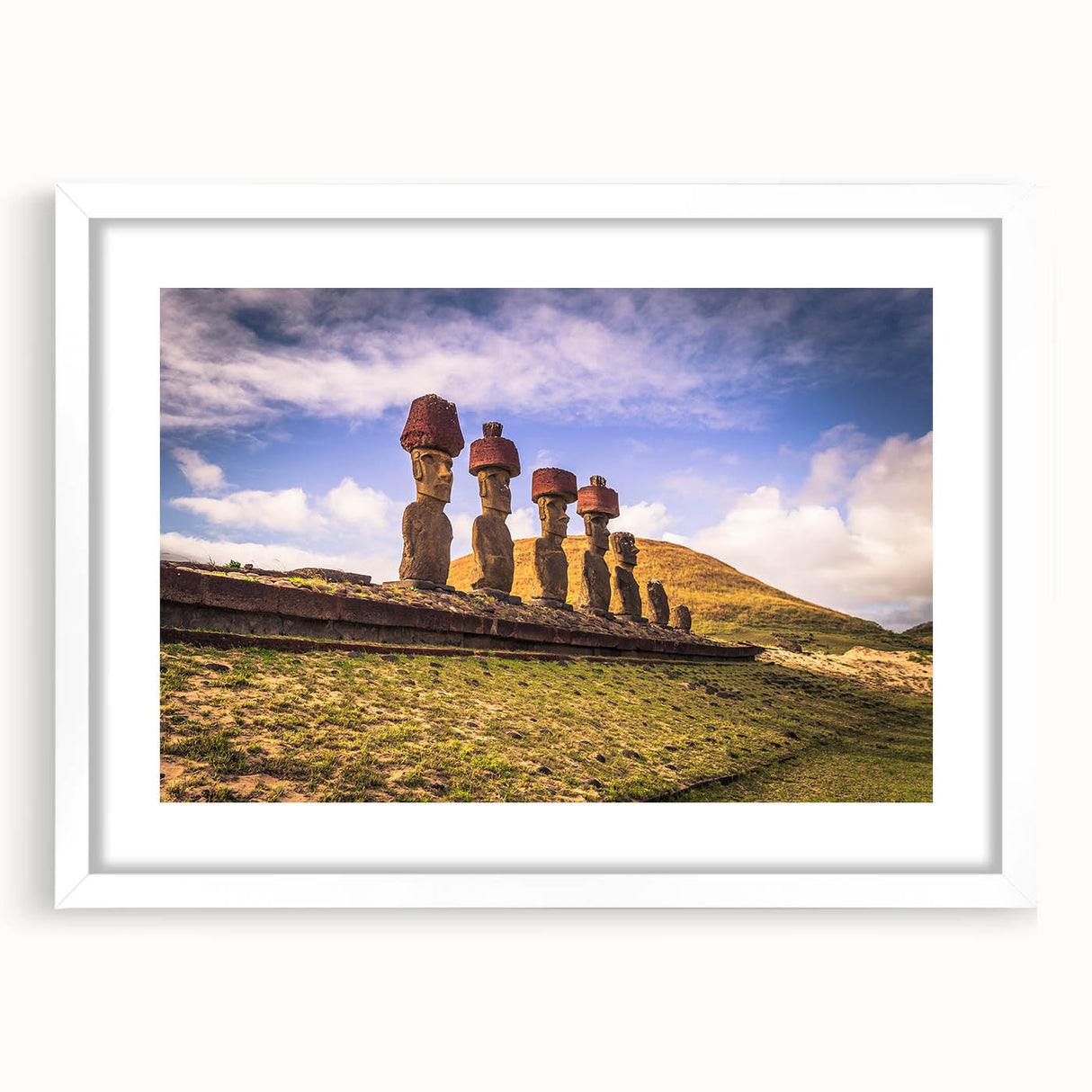Abstract art print of a Chilean landscape in muted earth tones on a white-framed canvas.