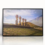 Large abstract wall art depicting a stylized South American landscape in muted earth tones, framed in black acrylic.