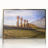 Mid-century modernist landscape of Chilean scenery in muted earth tones, framed acrylic print.