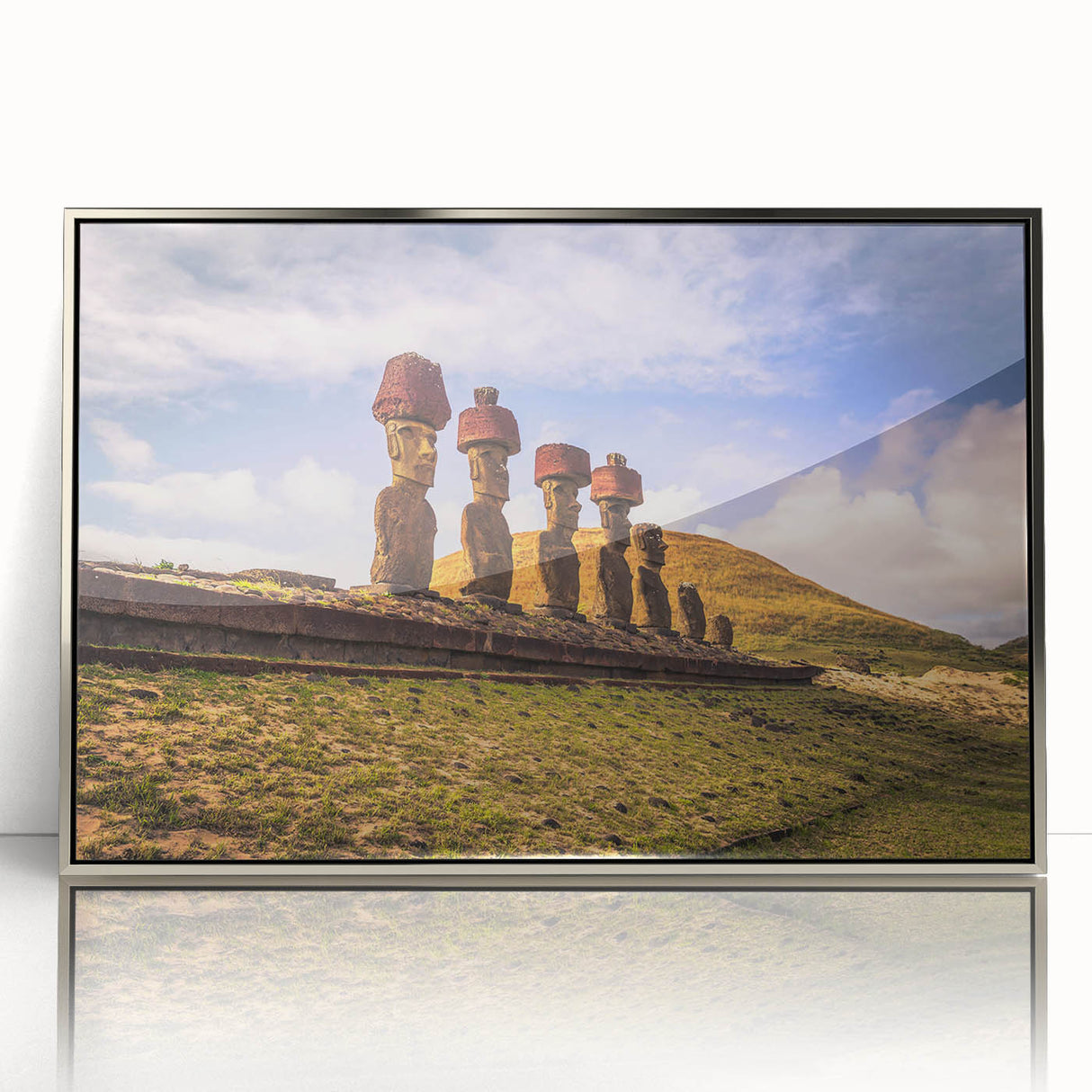 Framed acrylic print featuring a mid-century modernist scene of a Chilean landscape in muted earth tones.