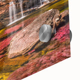 Large abstract wall art depicting a South American scenery in vibrant colors on acrylic glass, ideal for dining room art.