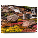 Large abstract wall art of a Colombian landscape on acrylic glass, featuring vibrant green and blue tones.