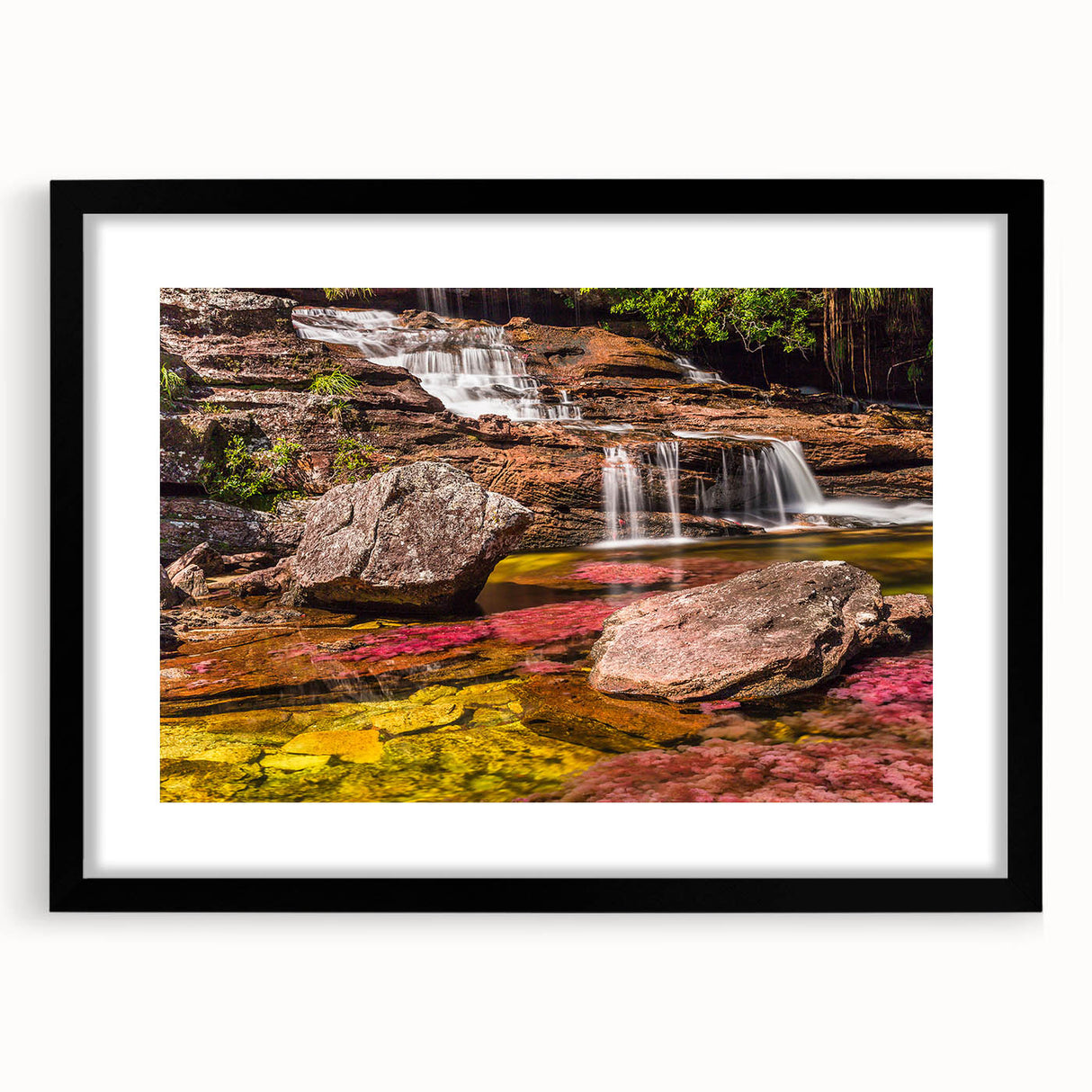 Abstract art print of a vibrant, colorful Colombian landscape on a large, textured canvas, ideal for living room decor.