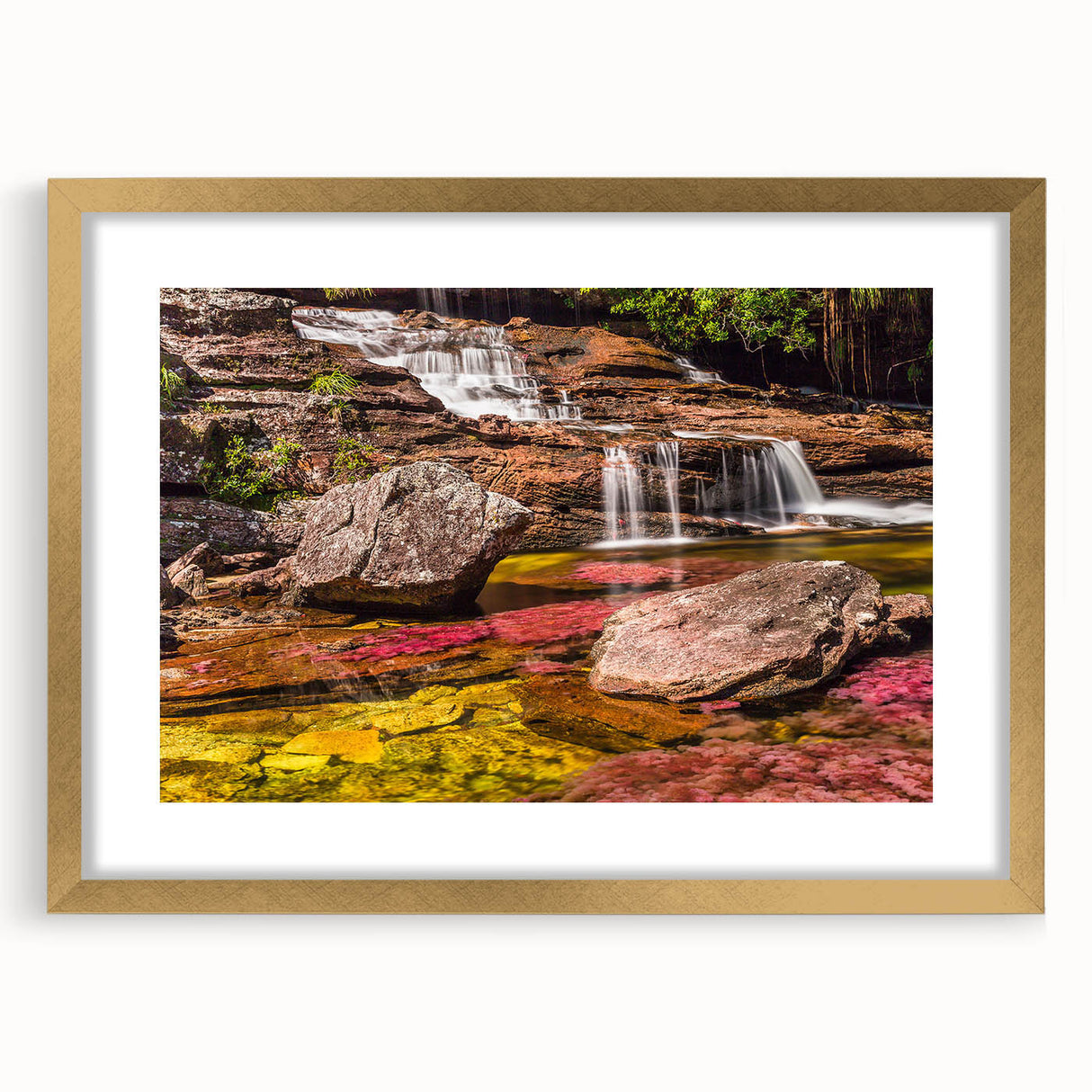 Extra large abstract art print depicting a textured Colombian landscape, in muted earth tones, framed in gold.