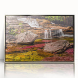 Mid-century modernist art depicting a vibrant Colombian landscape on a silver-framed acrylic print.