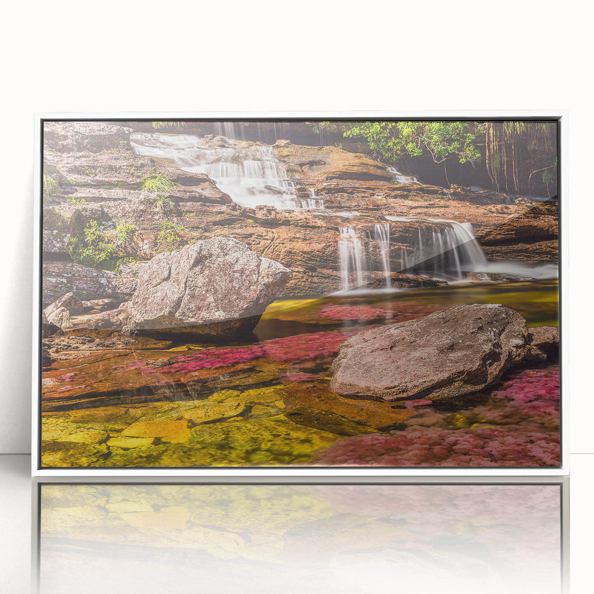 Art deco poster of a Colombian landscape in pastel shades on white framed acrylic, suitable for modern nursery decor.