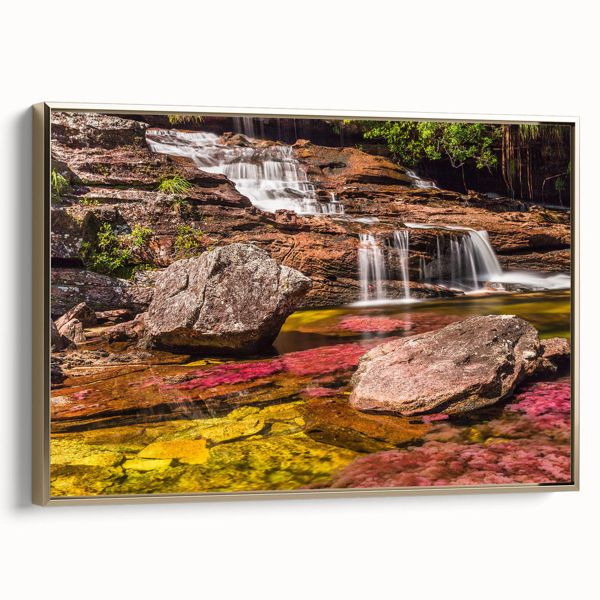 Framed canvas depicting a vintage-style Colombian landscape in muted gold and black tones, ideal for bedroom wall art.