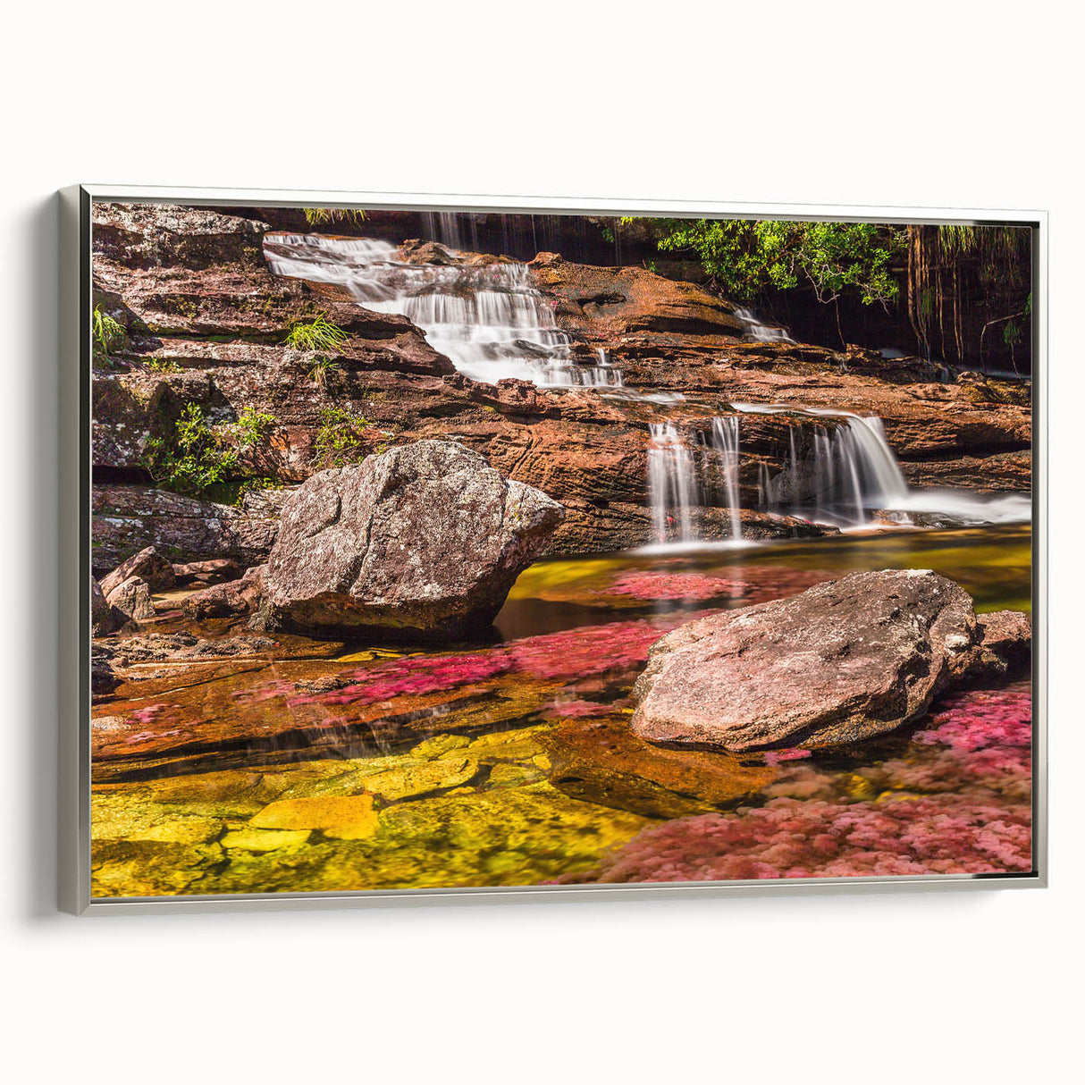 Landscape art painting of a Colombian scenery on framed canvas, featuring vibrant colors and vintage poster style.