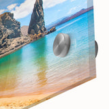 Large abstract wall art depicting Galapagos scenery in mid-century modernist style on acrylic glass.