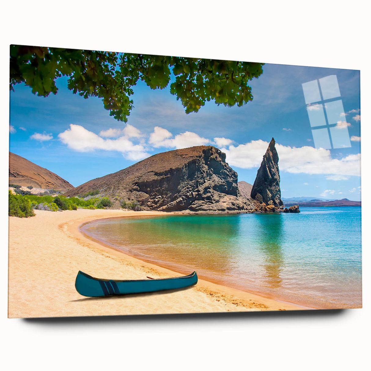 Large abstract wall art of Galapagos scenery in vibrant blues and greens on acrylic glass.