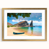 Extra large abstract art print of Galapagos scenery in muted earth tones, framed in gold, ideal for living room decor.