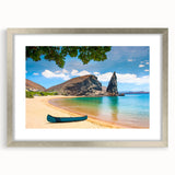 Textured abstract art print depicting a muted color scene of the Galapagos, framed in silver, suitable for bedroom art.