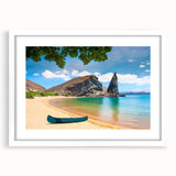 Abstract art print of the Galapagos scenery in pastel shades, framed in white, suitable for bedroom or dining room decor.