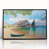 Large abstract wall art depicting the Galápagos Islands in vibrant blues and greens, framed in black acrylic.