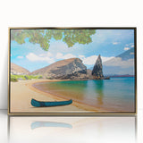 Acrylic print of Galapagos scenery with gold frame, featuring mid-century modernist style, ideal for nursery wall art.