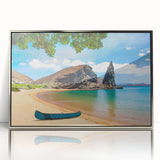 Mid-century modernist art depicting the Galápagos Islands in muted earth tones on a silver-framed acrylic panel.