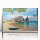 Art deco style poster of Galapagos scenery, featuring a white acrylic frame, suitable for modern nursery decor.