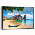 Black and white framed canvas of Galapagos landscape, ideal for bedroom wall art.