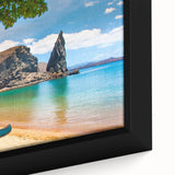 Framed canvas depicting a black textured depiction of the Galapagos with vibrant, colorful art accents.