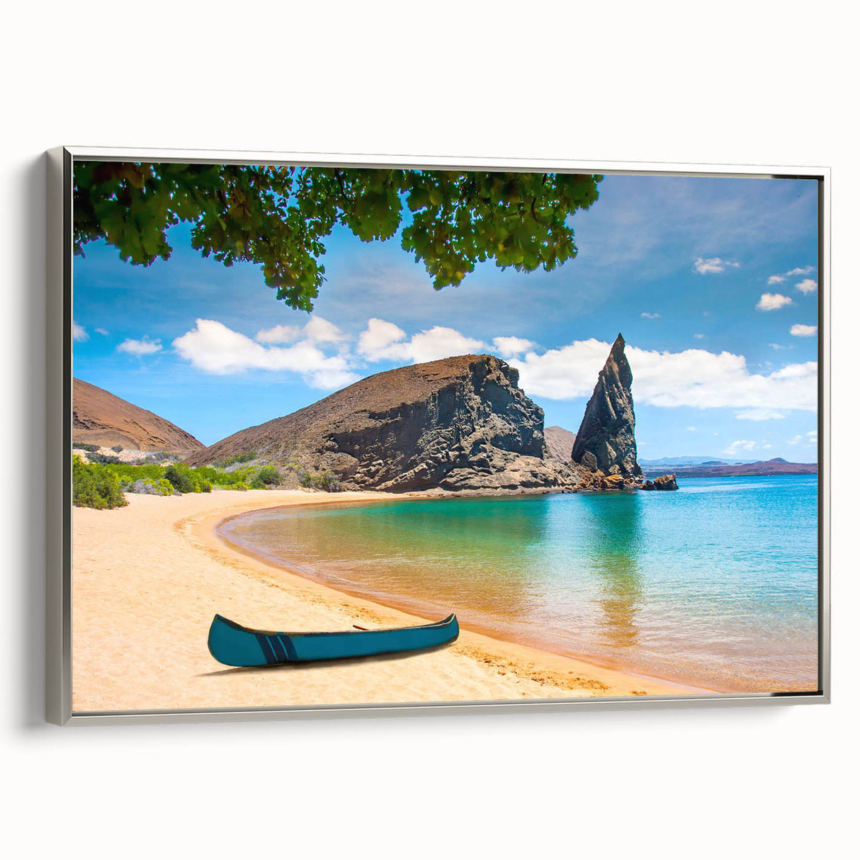 Framed canvas landscape art paintings depicting the Galápagos Islands, with vibrant green and blue hues.