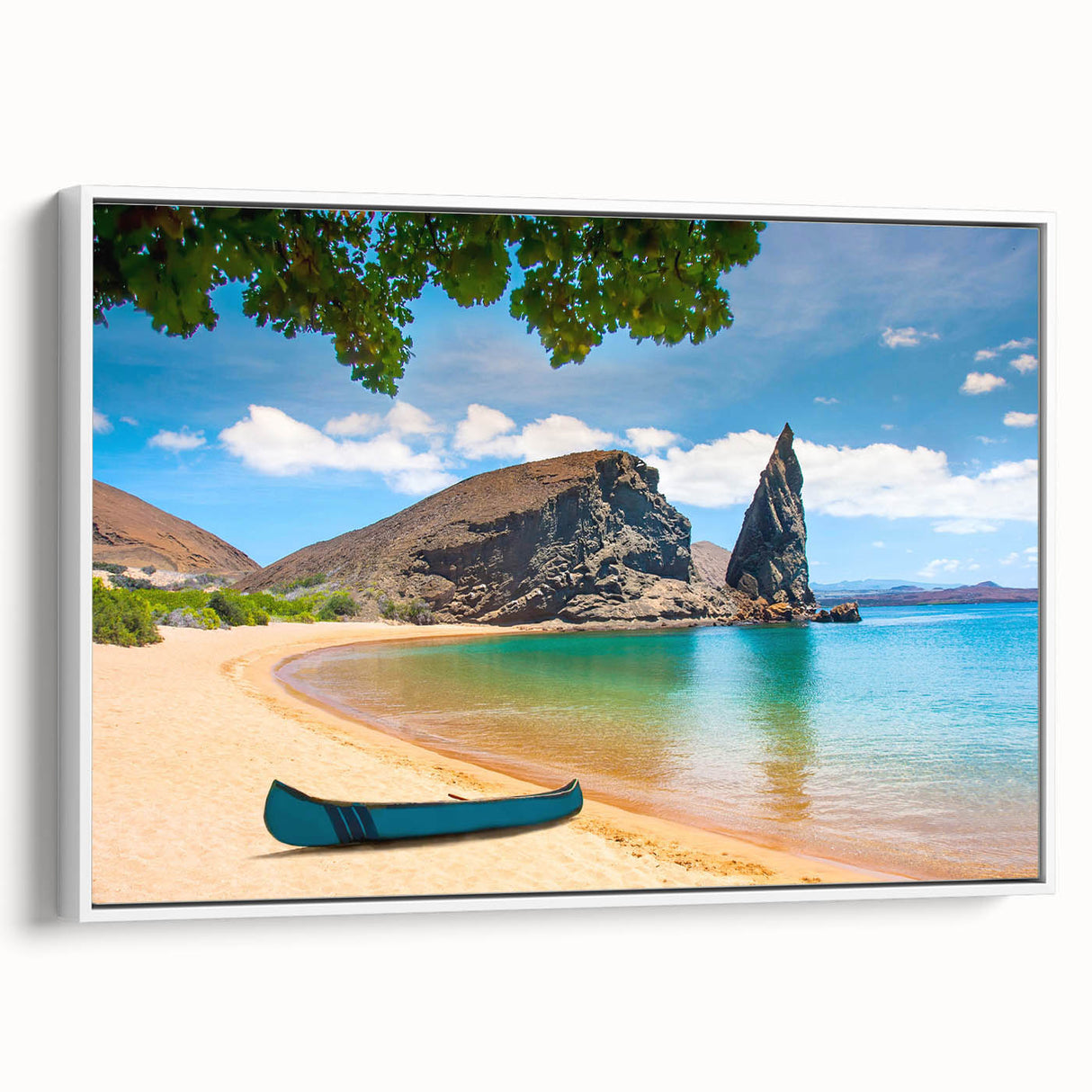 Vintage poster art of Galapagos scenery on a large framed canvas with vibrant colors, ideal for living room decor.