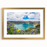 Extra large abstract art print of a textured South American scenery in muted earth tones, framed in gold.