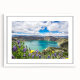 Abstract art print of Ecuador scenery in muted green and brown tones, framed with a white mat.