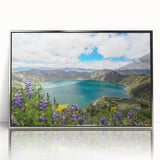 Mid-century modernist art depicting a serene Ecuadorian landscape in acrylic, framed in silver.