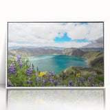 Art deco poster of Ecuador scenery in muted green and blue tones, acrylic print in white frame.