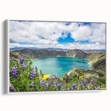 Vintage poster art of a colorful Ecuadorian landscape on a large framed canvas, ideal for living room decor.