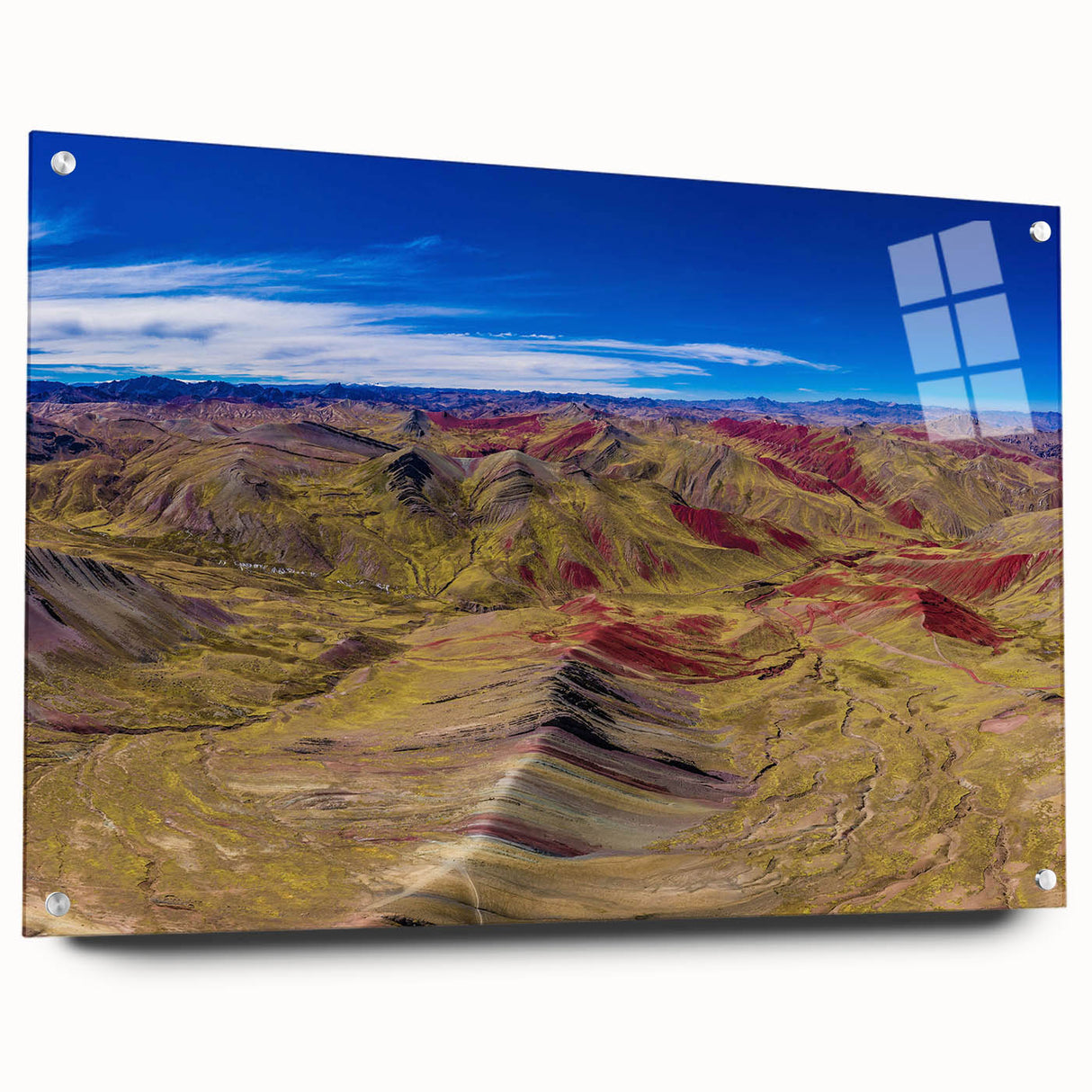 Acrylic print of a large abstract depiction of a South American landscape in earthy tones.