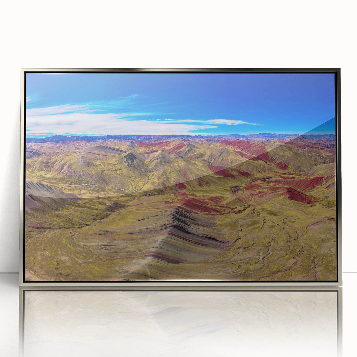Mid-century modernist art of a Peruvian landscape in muted earth tones on a silver-framed acrylic print.