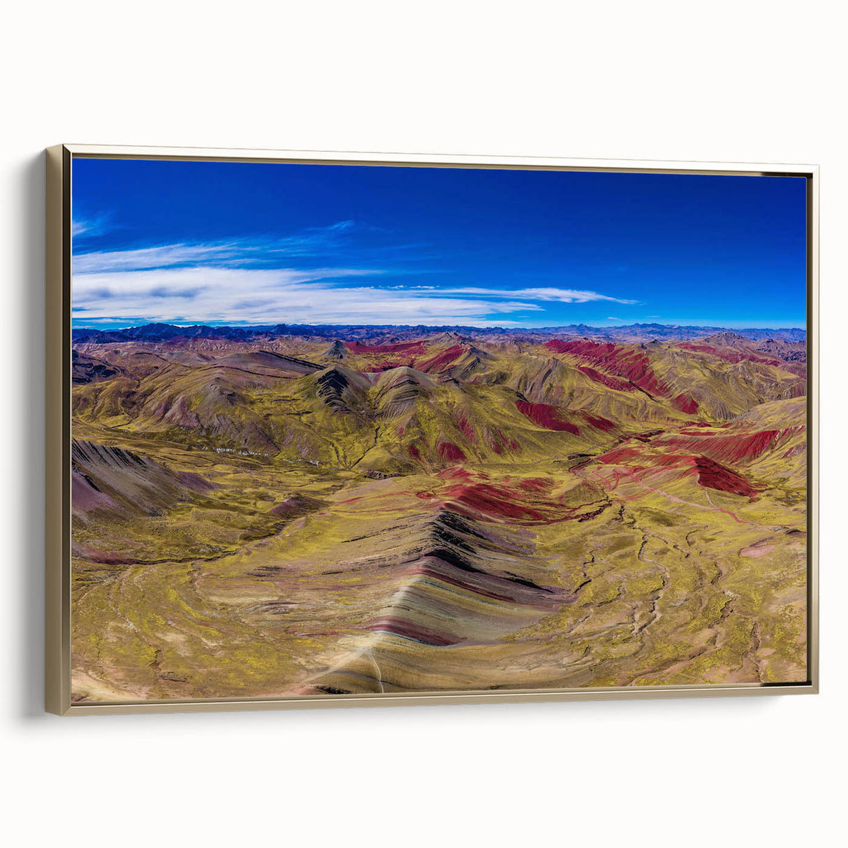 Framed canvas of a vintage-style Peruvian landscape in muted gold and black tones, suitable for bedroom decor.
