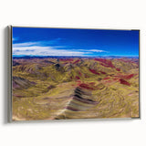 Framed canvas landscape art painting of a scenic view in Peru, featuring vibrant colors on a black background.