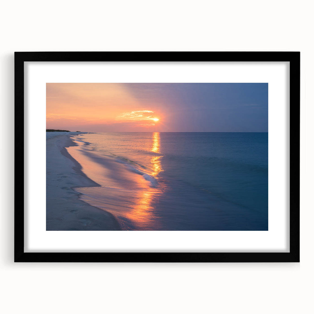 Colorful abstract art print of a textured Alabama scenery, in a large black frame with mat, ideal for living room decor.