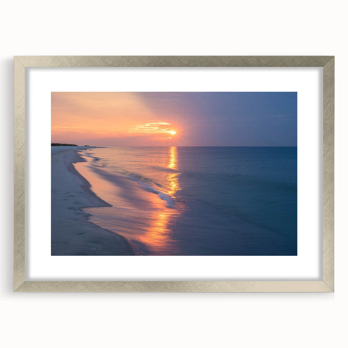 Textured abstract art print of Alabama scenery in muted earth tones on a framed silver mat, suitable for bedroom decor.