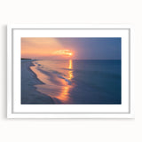 Abstract art print of a muted Alabama landscape in pastel blues and greens, framed in white, ideal for dining room decor.