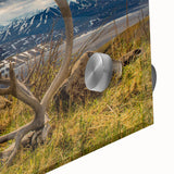 Large abstract depiction of Denali, Alaska in muted earth tones on acrylic glass, ideal for dining room art.