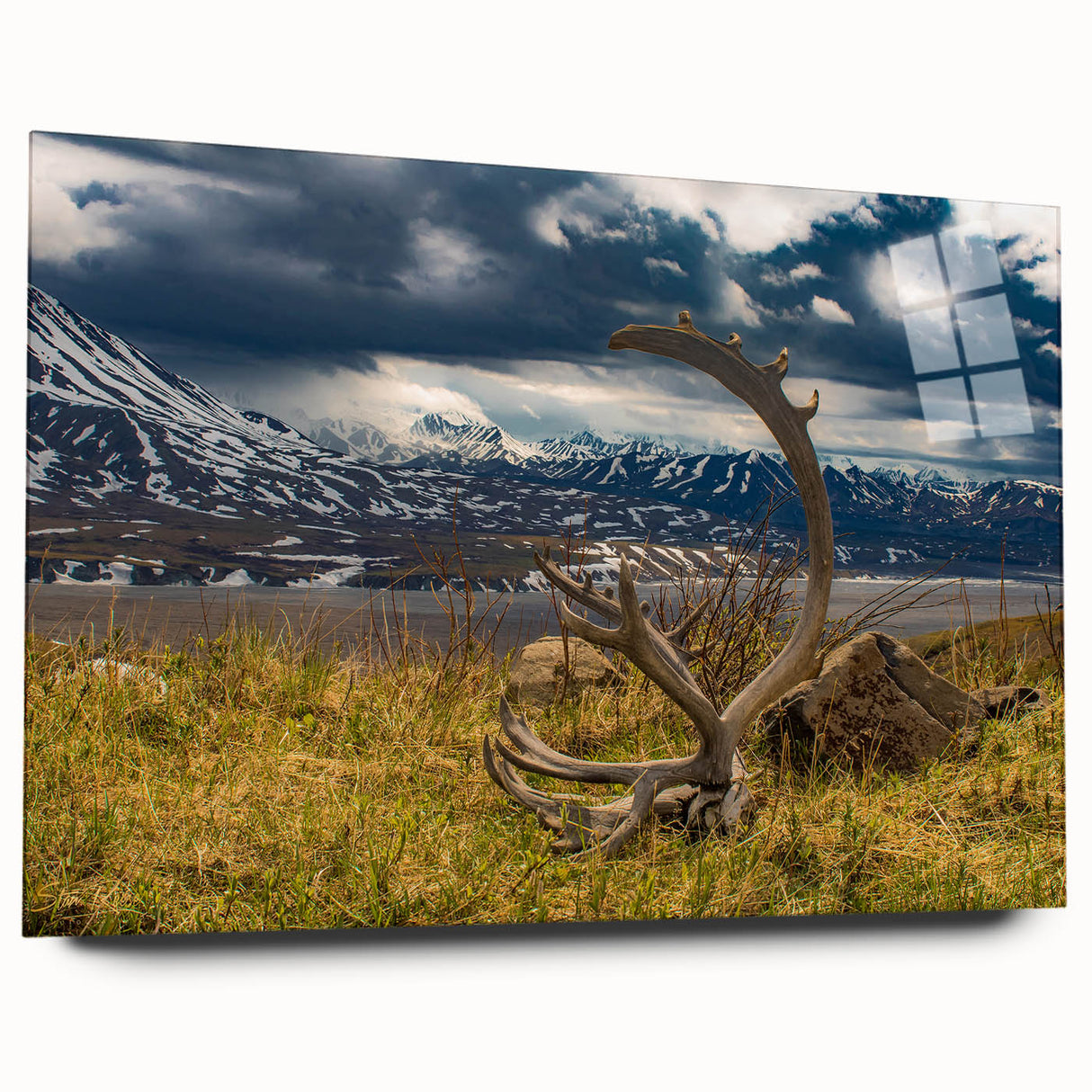 Large abstract depiction of Denali, Alaska in muted earth tones on acrylic glass, ideal for bedroom or dining room art.
