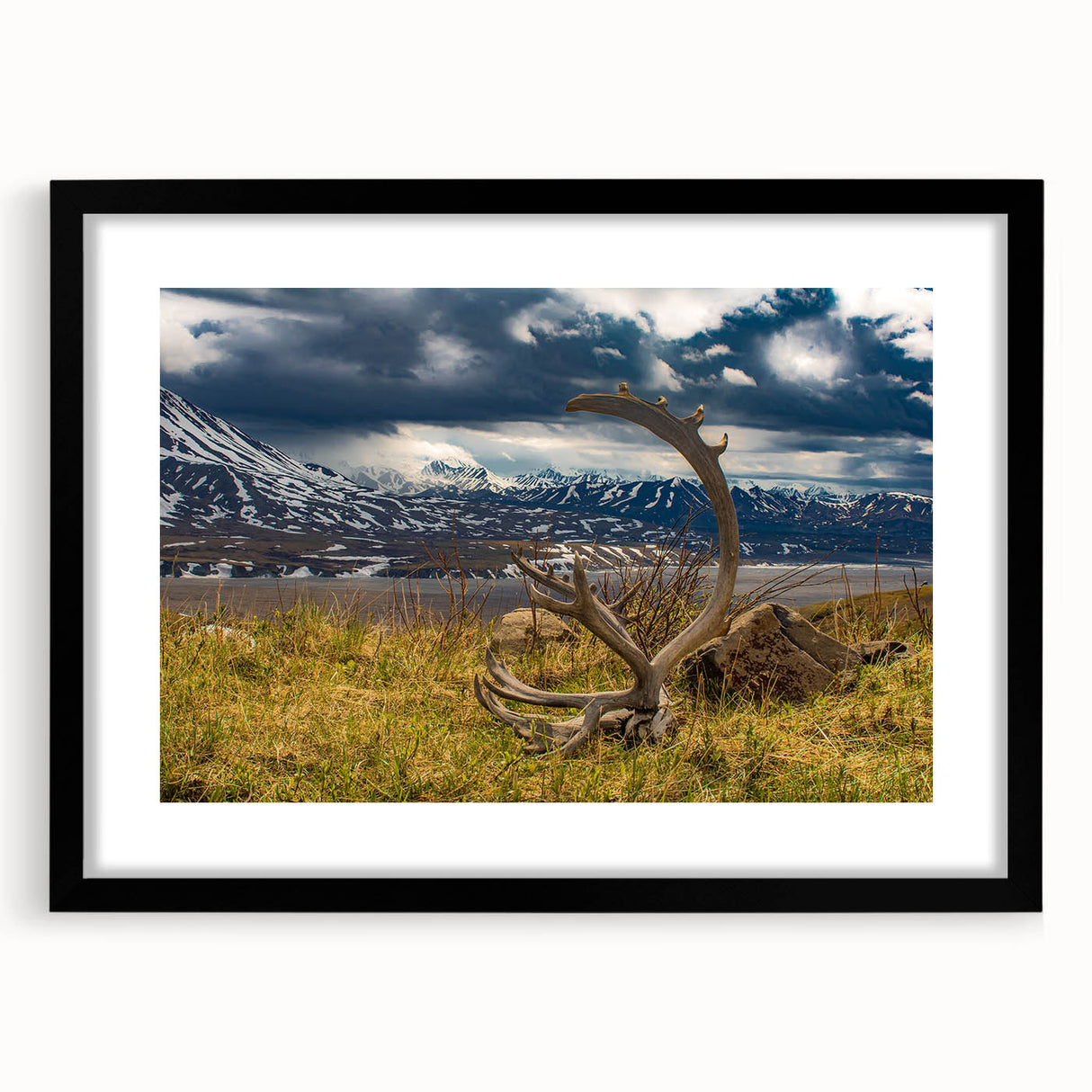 Extra large abstract art print of Denali, Alaska in vibrant colors on a textured canvas, framed in black.