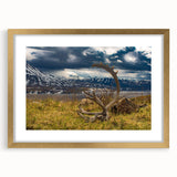Extra large wall art featuring an abstract depiction of Denali, Alaska in textured shades of blue and white, framed in gold.