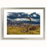 Textured abstract art print of Denali, Alaska, in muted earth tones on a framed canvas, suitable for bedroom decor.