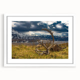 Abstract art print of Denali, Alaska in muted earth tones on a framed white mat, ideal for bedroom or dining room decor.