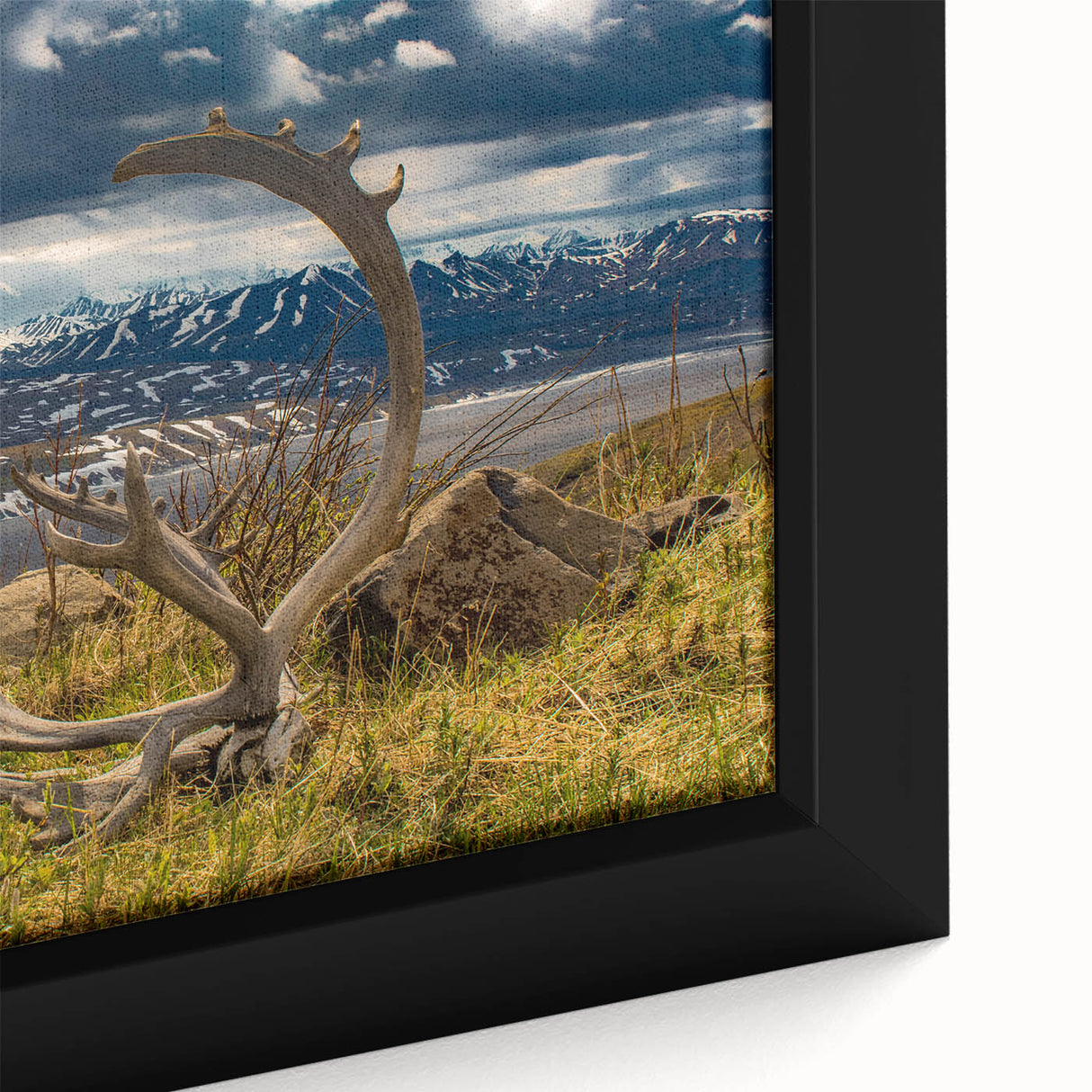 Extra large framed canvas of Denali, Alaska, featuring textured black and colorful art, ideal for living room decor.