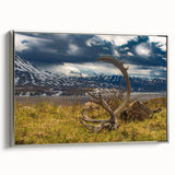 Framed canvas landscape art painting depicting Denali, Alaska in muted earth tones.