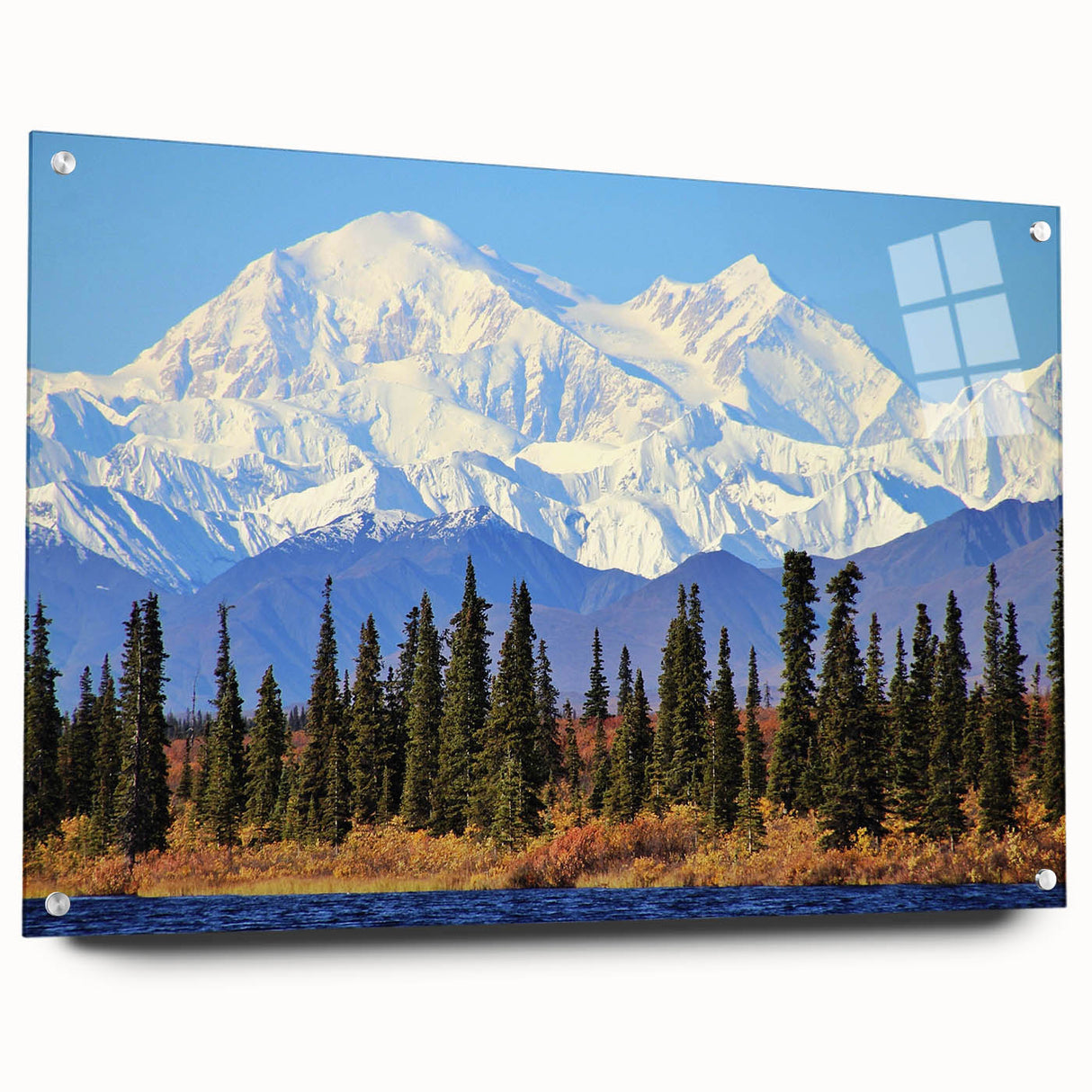 Acrylic print of a serene Alaskan landscape in muted blue and white tones, suitable for bedroom or dining room decor.