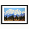 Extra large abstract art print of a colorful Alaskan scenery on textured canvas, framed in black.