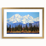 Extra large abstract art print of Alaskan scenery in muted earth tones on a textured canvas, framed in gold.