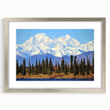 Textured abstract art print of Alaskan scenery in muted earth tones, framed in silver, ideal for bedroom art.