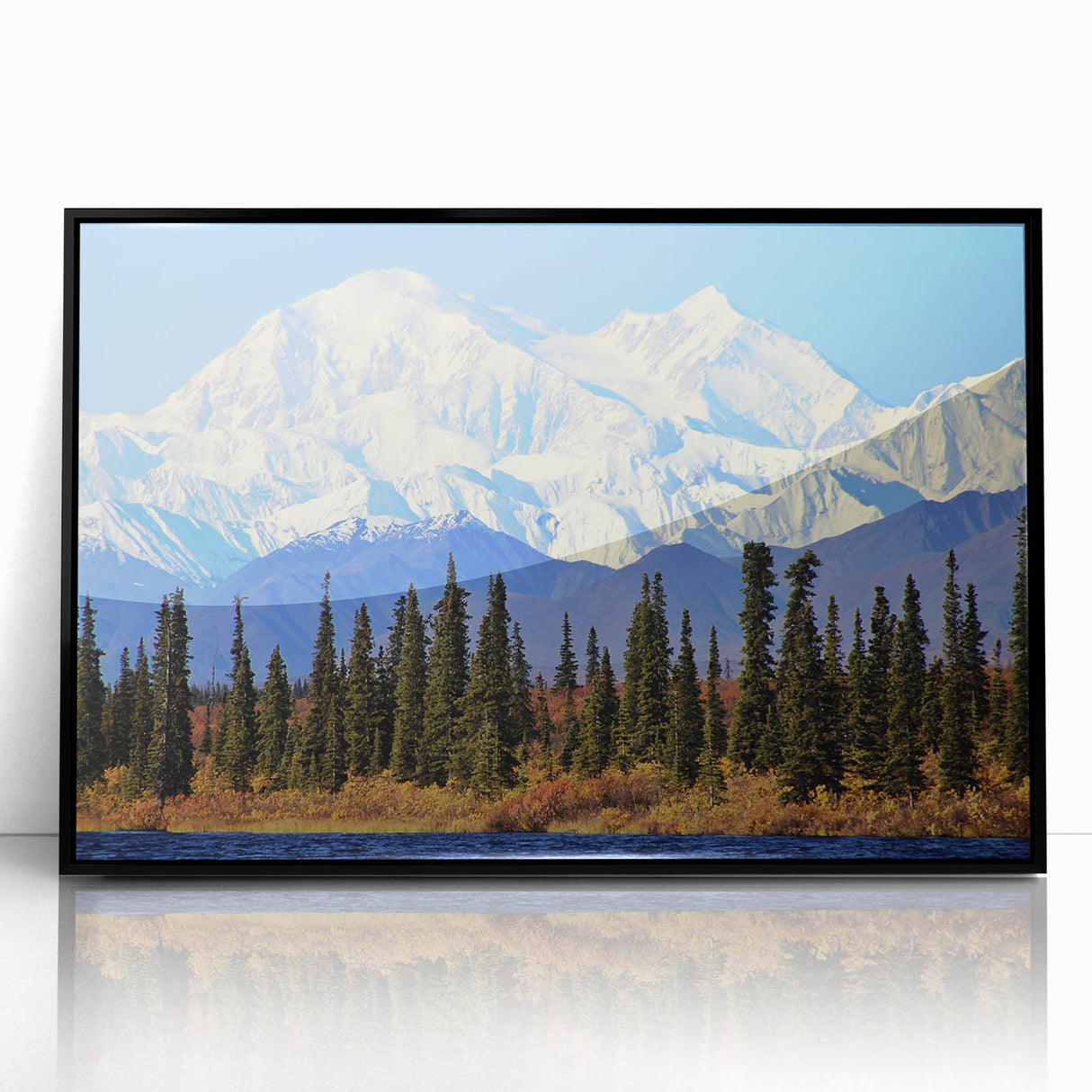 Large abstract wall art depicting Alaskan scenery in muted earth tones on a framed acrylic.